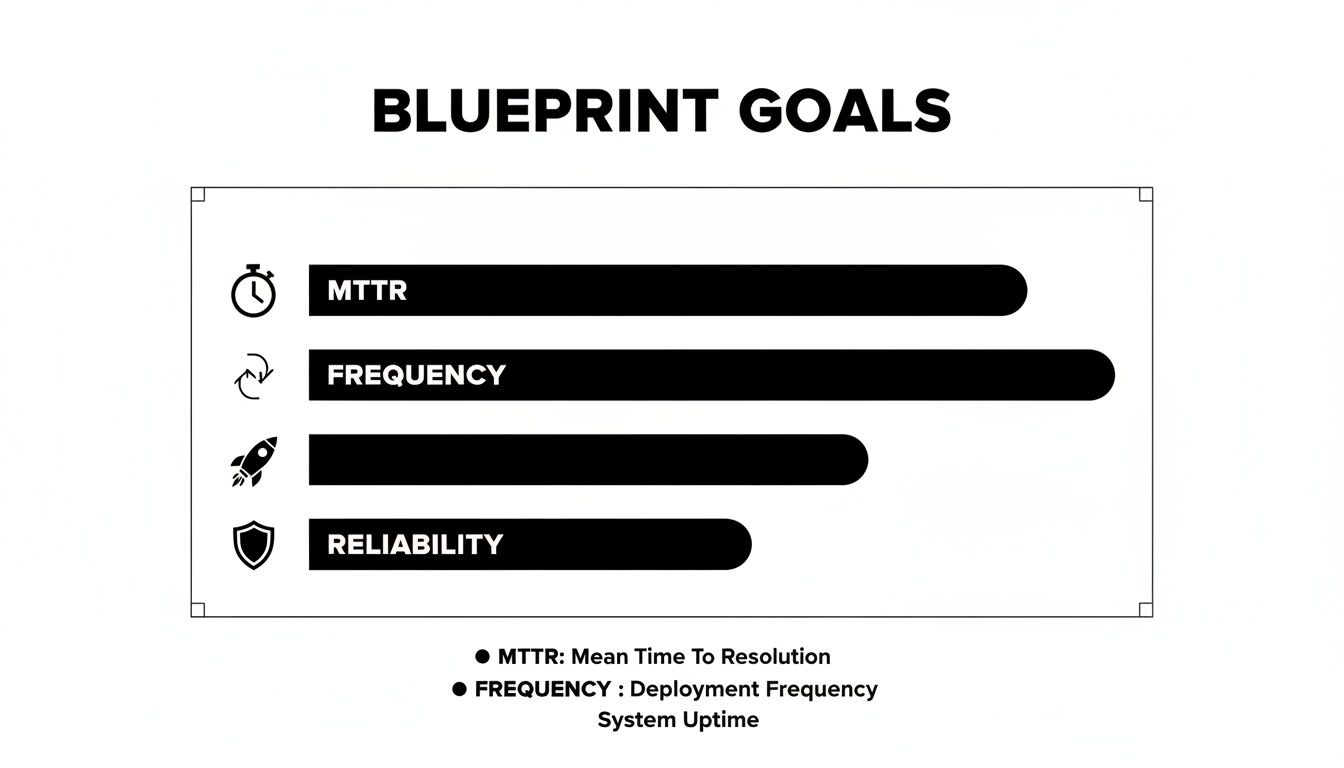 A chart outlining "Blueprint Goals" with metrics like MTTR, Frequency, and Reliability, represented by horizontal bars and icons.