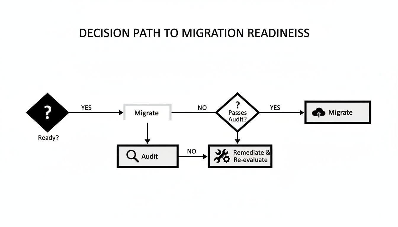 Flowchart detailing the decision path to migration readiness, including audit, remediation, and re-evaluation steps.