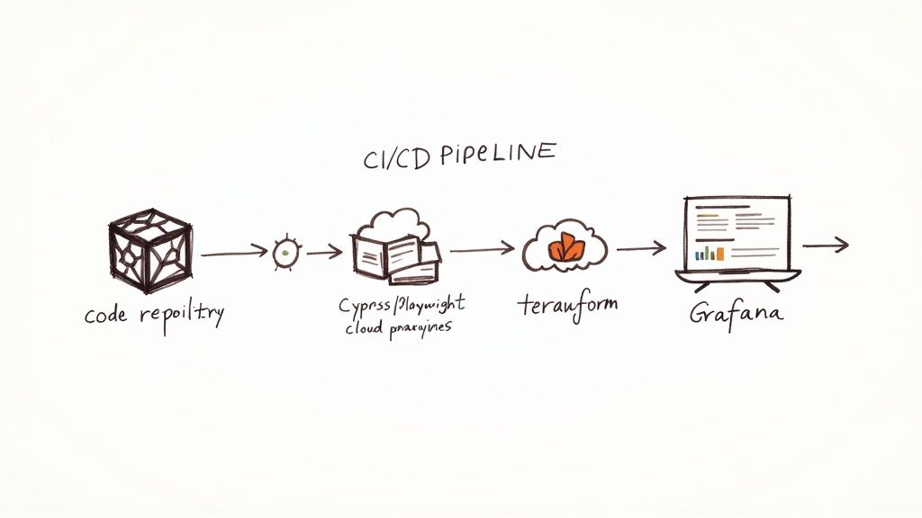 A hand-drawn diagram illustrating a CI/CD pipeline from code repository to Grafana monitoring.