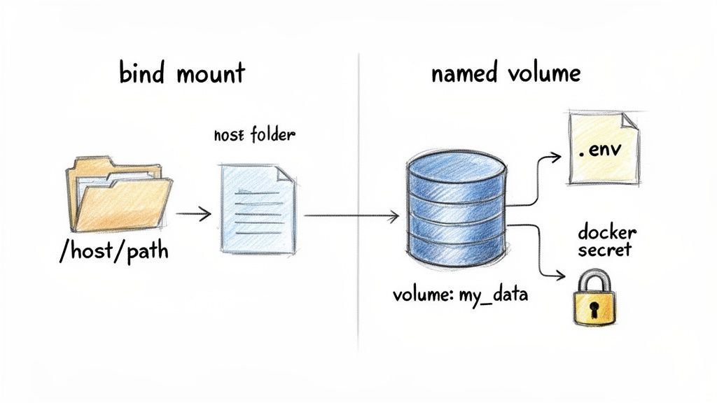 Diagram illustrating Docker bind mount and named volume differences for data persistence.