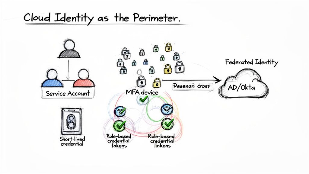 Diagram illustrating cloud identity as the security perimeter, showing federated identity, MFA, and role-based credentials.