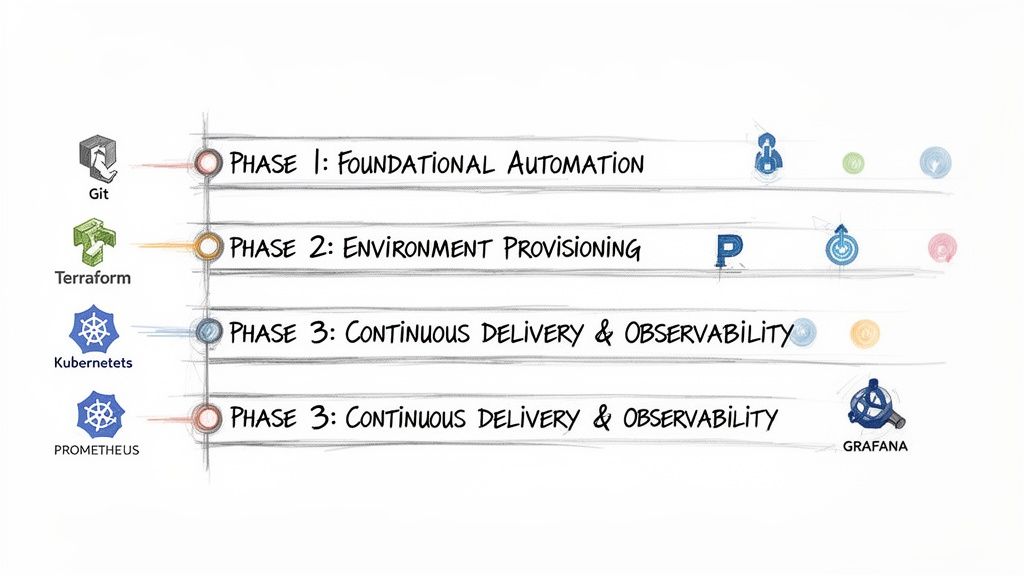A multi-phase DevOps strategy with tools like Git, Terraform, Kubernetes, Prometheus, and Grafana for automation, provisioning, delivery, and observability.