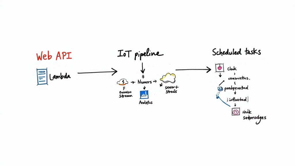 Diagram showing various serverless use cases connected to a central cloud icon