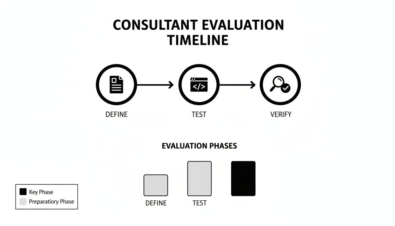 A consultant evaluation timeline infographic with phases: Define, Test, Verify. Define and Test are preparatory, Verify is a key phase.