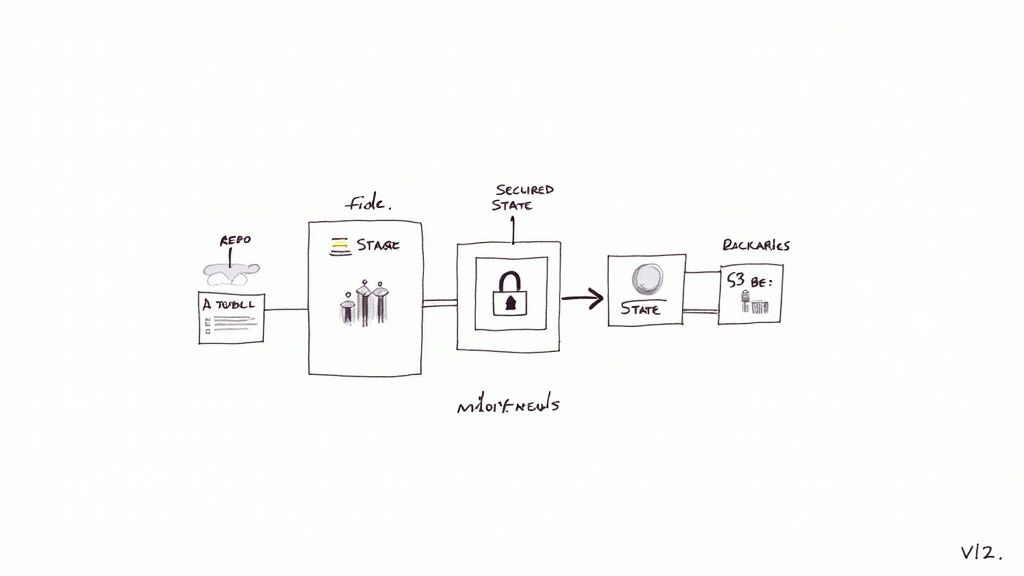 Hand-drawn diagram illustrating a workflow from a repository through a secured state to storage and packaries.