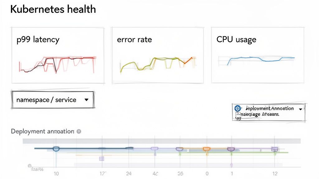 A Kubernetes health dashboard displaying p99 latency, error rate, CPU usage, and deployment annotations over time.