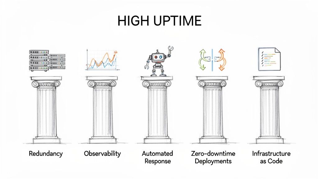 Five pillars supporting high uptime: redundancy, observability, automated response, zero-downtime, and infrastructure as code.