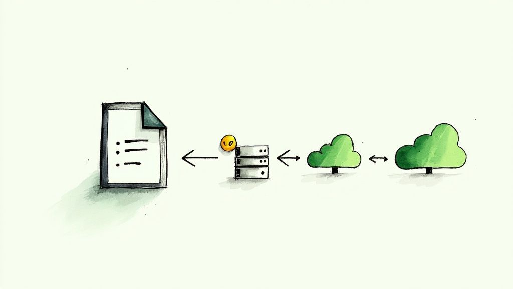 A hand-drawn diagram illustrating data flow from a document through a server to cloud services.