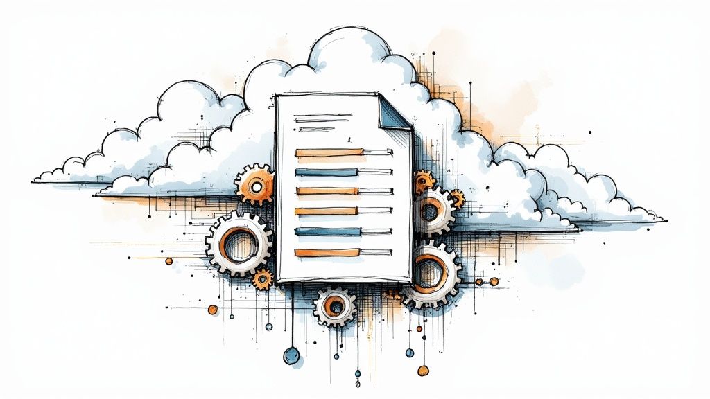 An illustration showing code being transformed into cloud infrastructure, representing Automation and Infrastructure as Code (IaC)