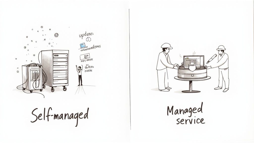 Illustration contrasting complex self-managed server infrastructure with simplified managed service by experts.