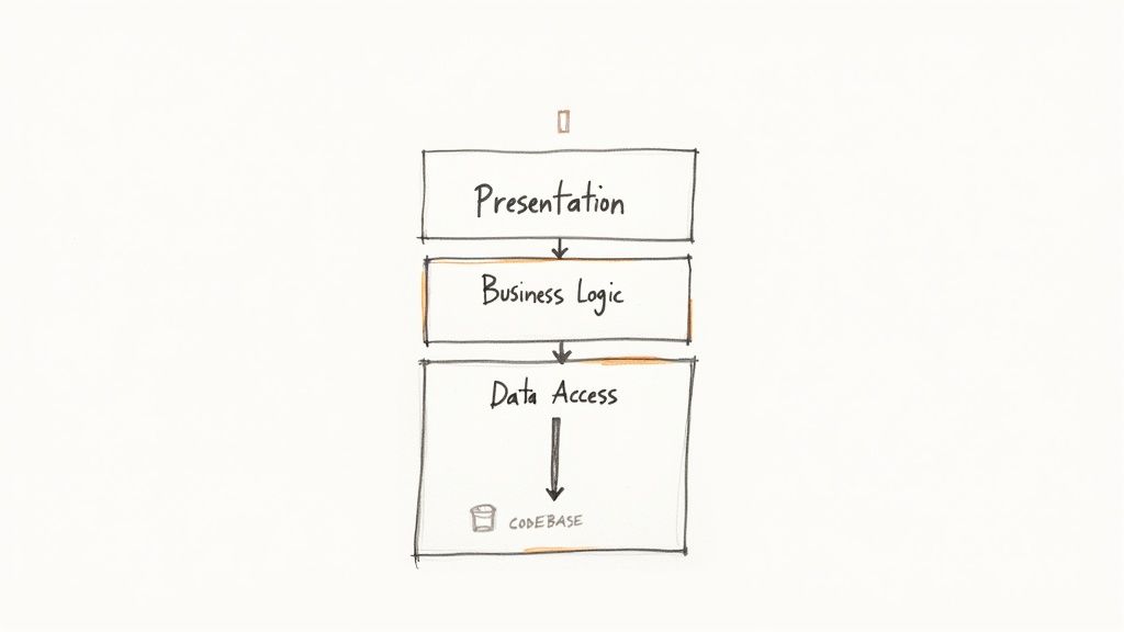 A hand-sketched diagram illustrating a layered software architecture: Presentation, Business Logic, Data Access, interacting with a codebase.