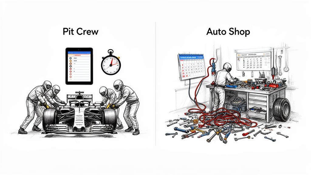 Illustration contrasting an efficient pit crew quickly servicing a race car with a messy auto shop.