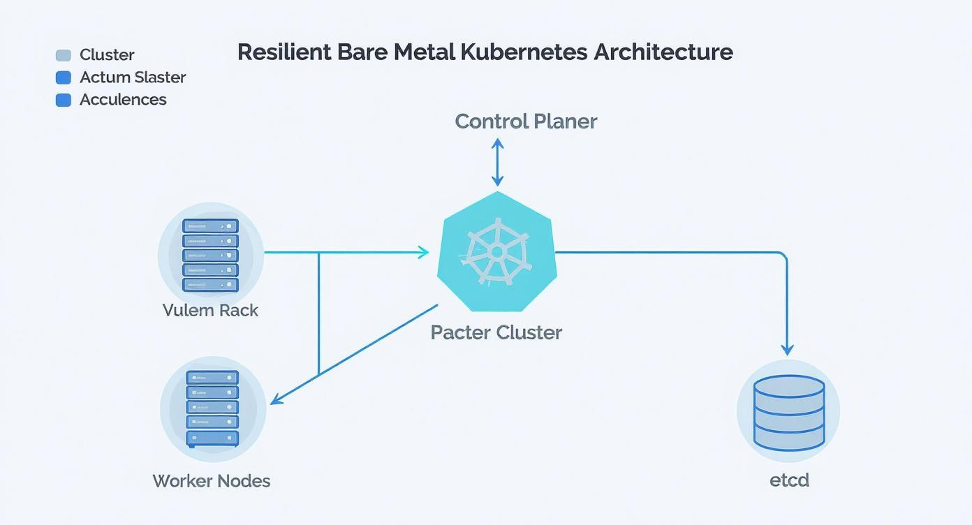 Diagram showing a resilient bare metal Kubernetes architecture, including control plane, cluster, and nodes.