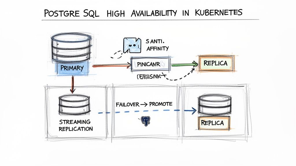 Diagram illustrating PostgreSQL high availability architecture in Kubernetes, including primary, replica, streaming replication, and failover promotion.