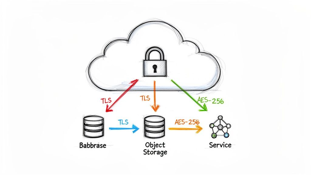 Diagram illustrating cloud security protocols (TLS, AES-265) protecting data flow between storage and service.