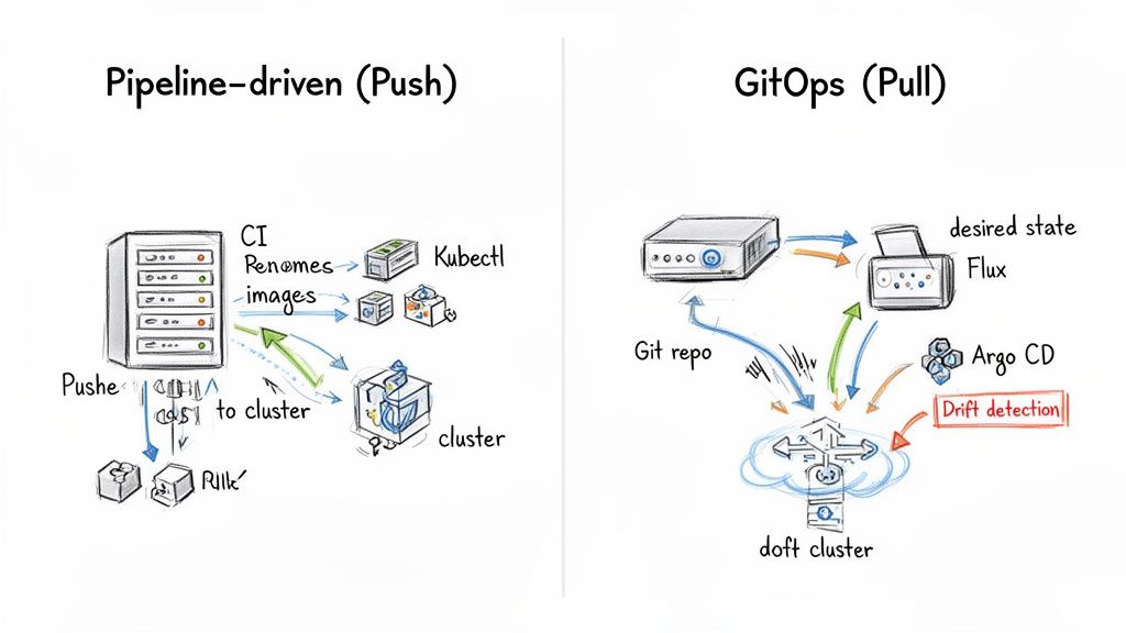 Two diagrams comparing Kubernetes deployment strategies: Pipeline-driven (Push) via CI and GitOps (Pull) with Flux/Argo CD.