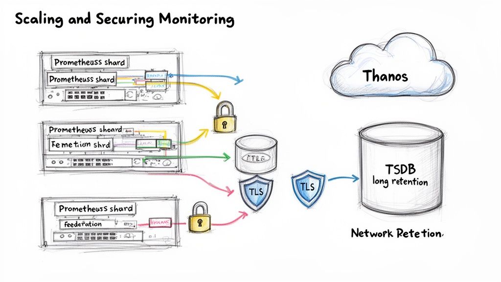 Diagram illustrating scaling and securing Prometheus monitoring with Thanos, TLS, and long-term TSDB retention.
