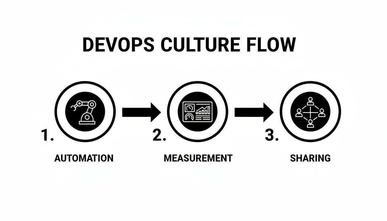 A diagram illustrating the DevOps culture flow with three steps: automation, measurement, and sharing.