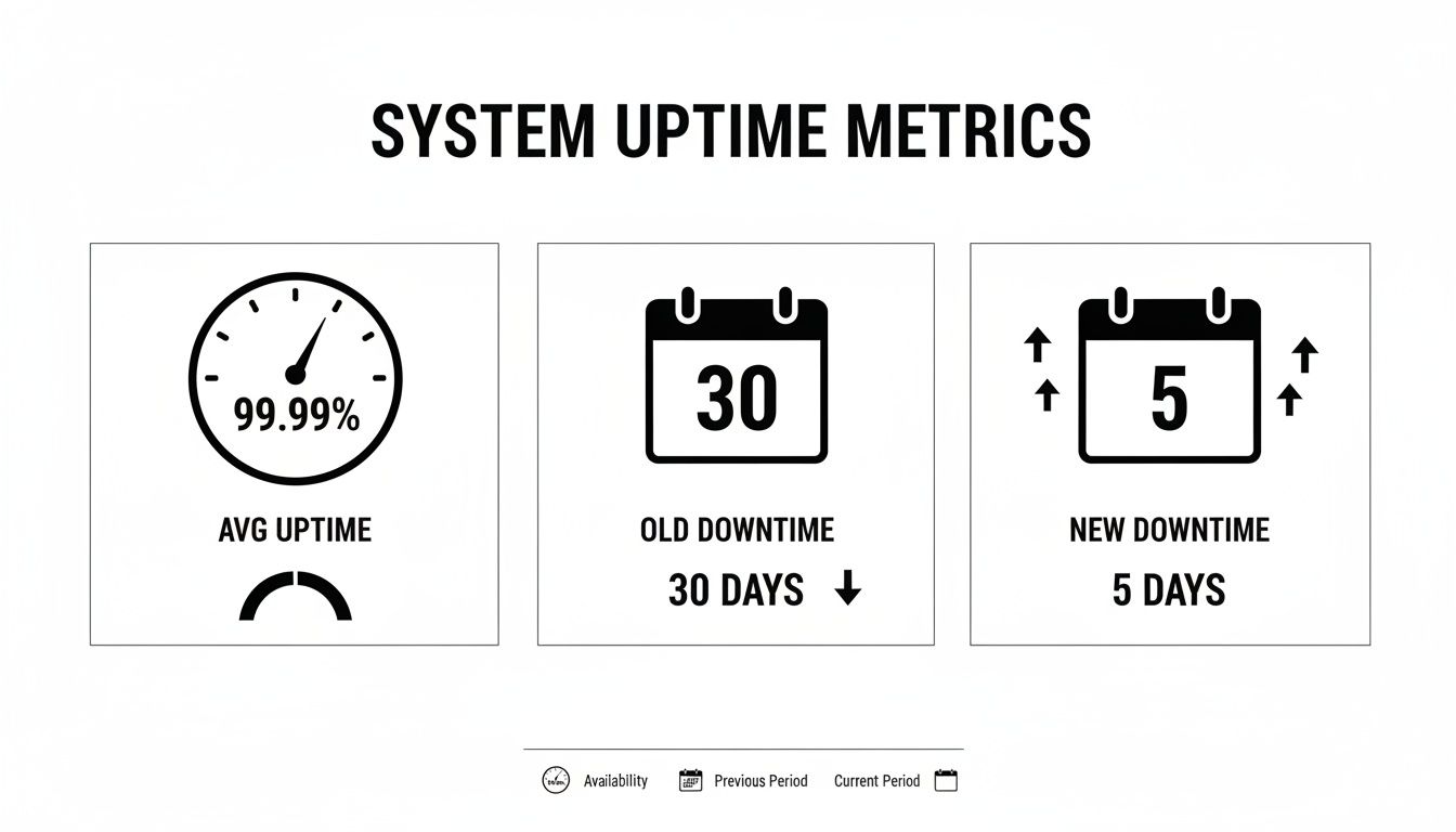 A dashboard displaying system uptime metrics, including 99.99% average uptime, old downtime of 30 days, and new downtime of 5 days.