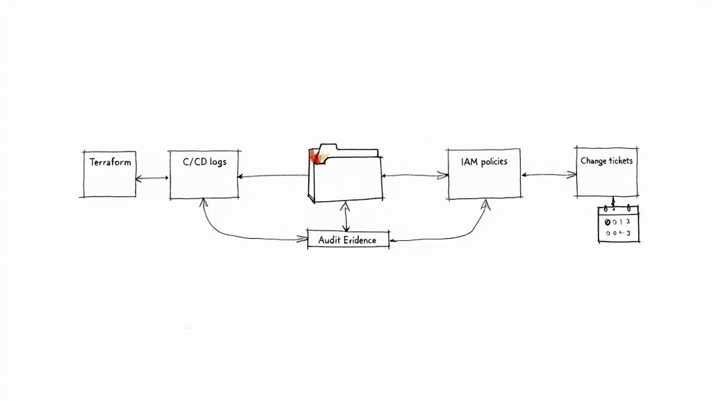 Flowchart illustrating the collection and linkage of audit evidence from Terraform, CI/CD logs, IAM policies, and change tickets.