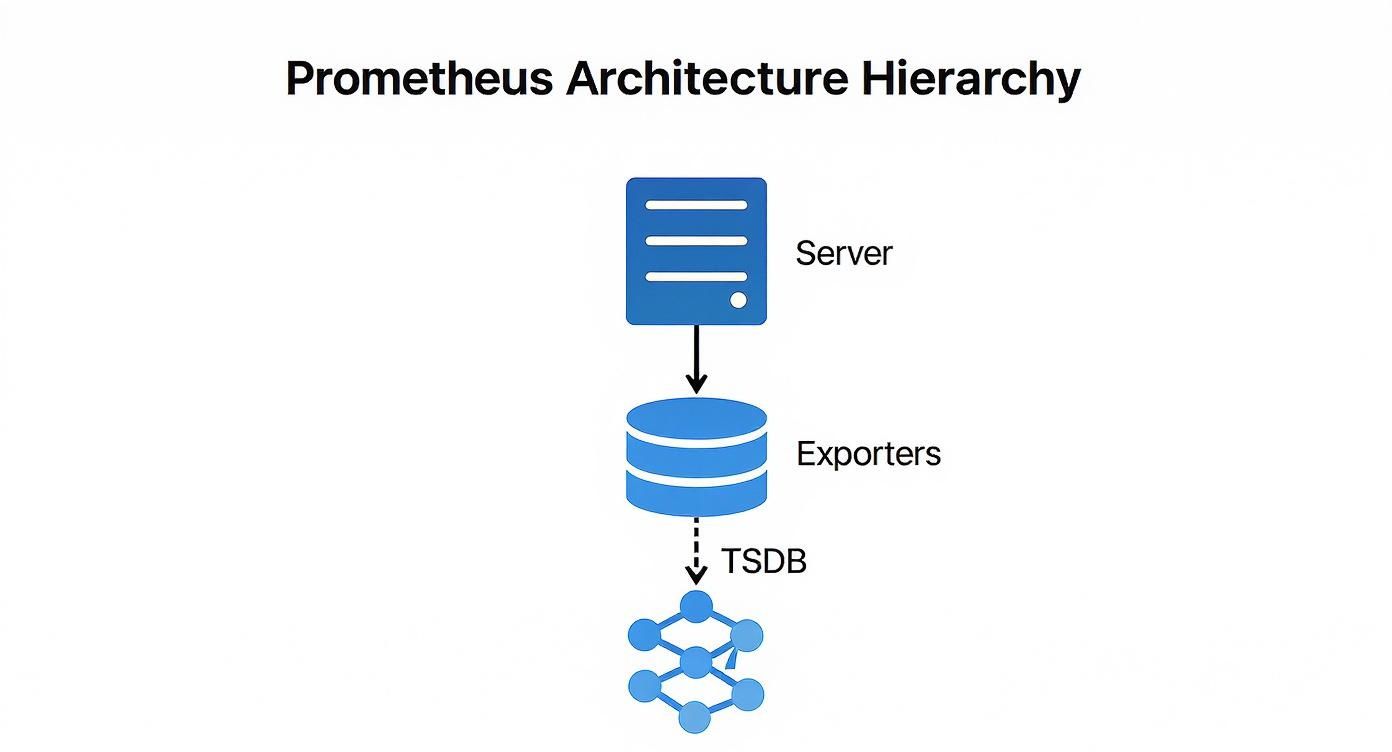 Prometheus architecture hierarchy diagram illustrates server, exporters, and TSDB components.