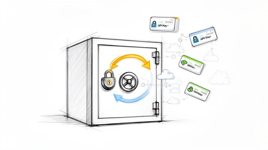 Sketch of a secure safe with API keys and data cards, connected to cloud networks.