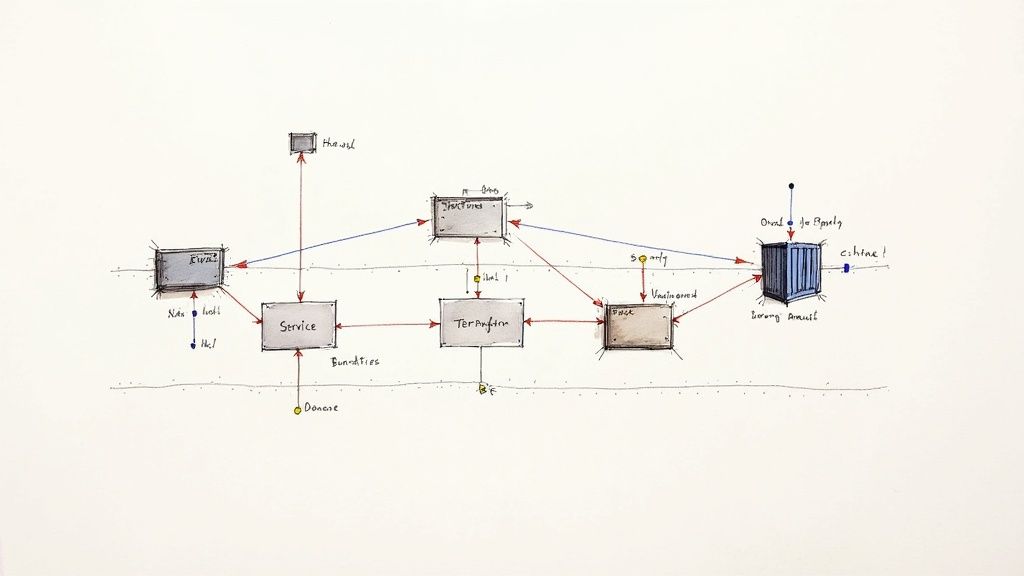 Hand-drawn system architecture diagram showing legacy transformation with components including ETW2, Service, Terraform, and Oracle