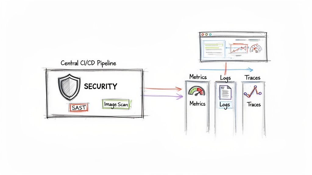 CI/CD pipeline showing security steps (SAST, image scan) and outputting metrics, logs, and traces for observability.