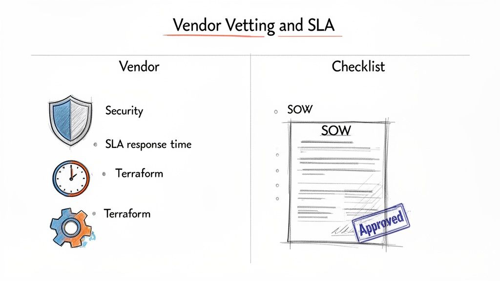 A diagram outlining vendor vetting and SLA, showing security, SLA response time, Terraform, and an approved SOW document.