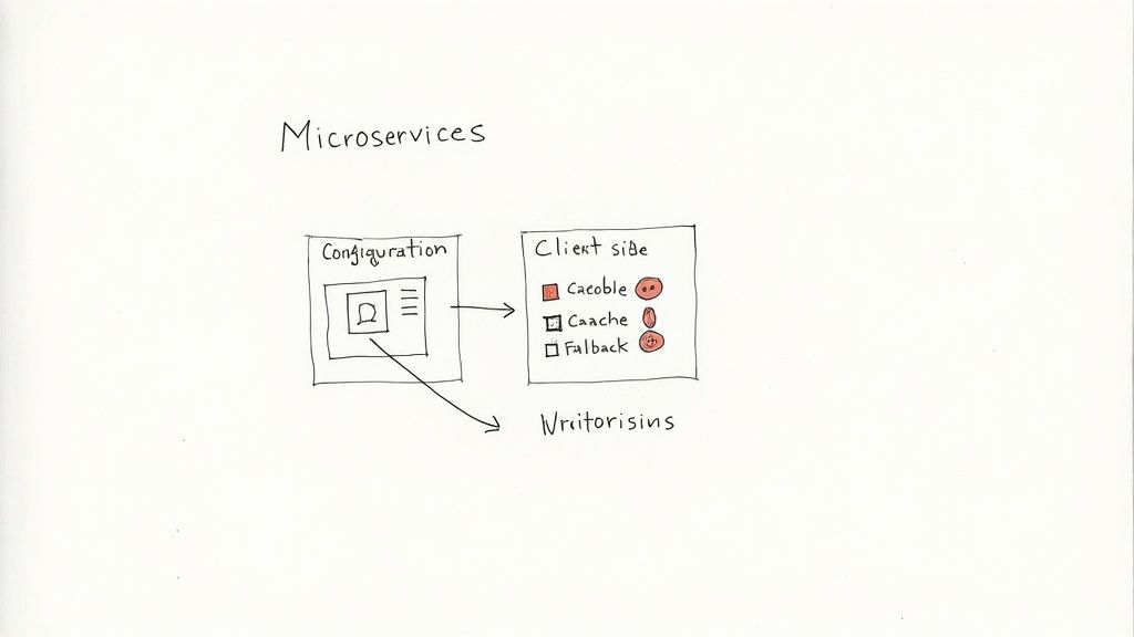 Diagram showing a scalable feature toggle architecture with centralized service, client-side caching, and fallback mechanisms