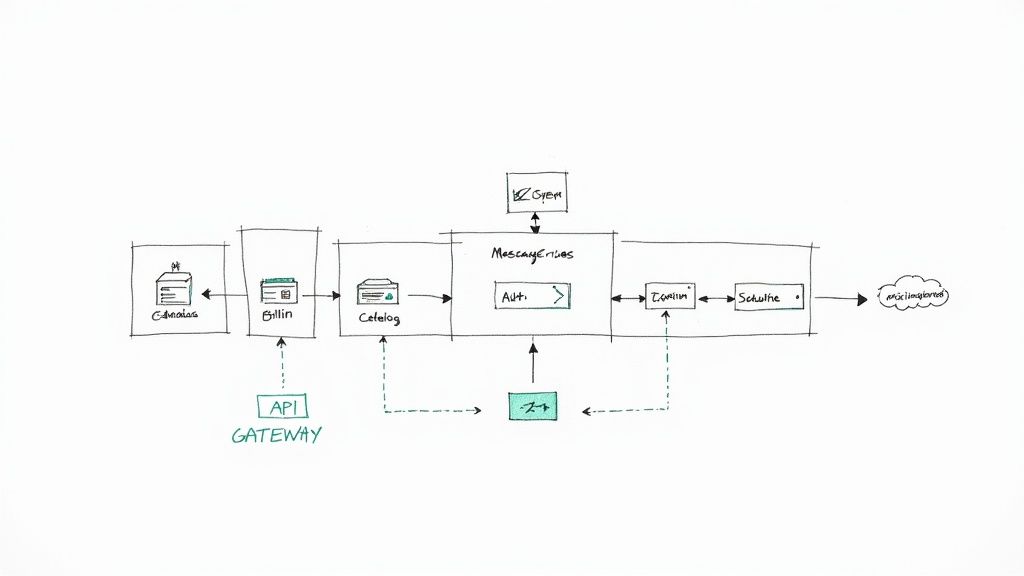 A hand-drawn microservices architecture diagram showing various interconnected components and data flows.