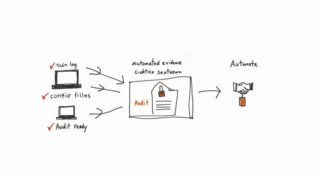 Flowchart showing automated audit evidence collection, audit readiness, and an automated final step.