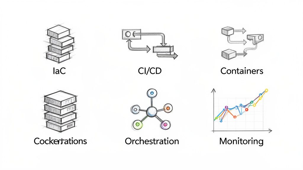 Illustrations of cloud migration concepts: IaC, CI/CD, Containers, Cockertrations, Orchestration, Monitoring.