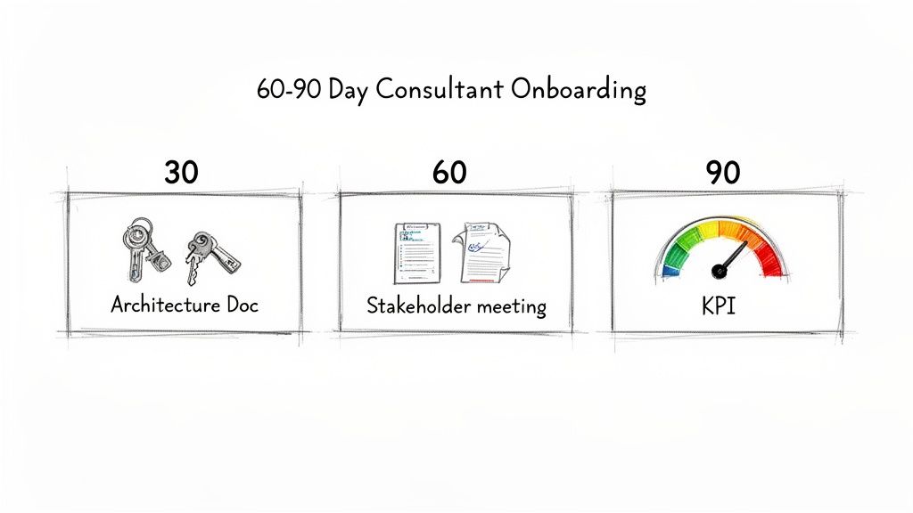 Timeline illustrating key milestones for a consultant's first 90 days: architecture document, stakeholder meeting, and KPI.
