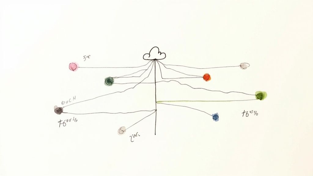 A hand-drawn diagram illustrating a central cloud connected to several colored nodes with cost labels.