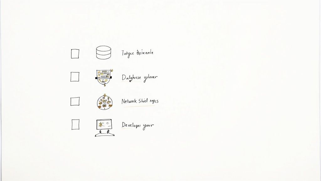 Checklist diagram showing four roles: database admin, database owner, network strategist, and developer
