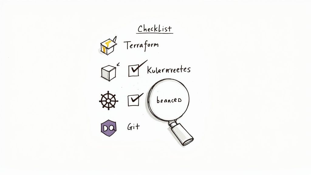 Hand-drawn DevOps checklist featuring Terraform, Kubernetes, and Git, with some items checked.