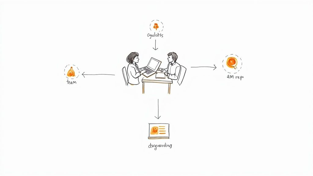 A diverse team working together on a cloud infrastructure project, pointing at a screen with code and diagrams.
