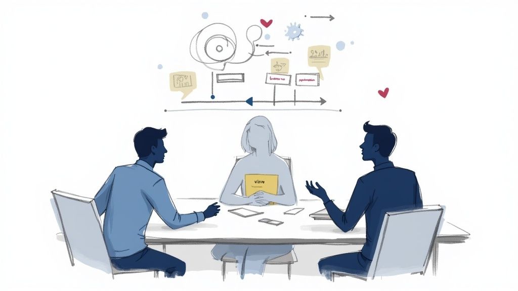 Illustration of three colleagues collaborating around a table with a complex process diagram above them.