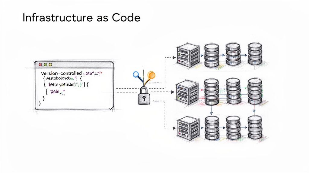 Diagram illustrating version-controlled code securely deploying and managing server and database infrastructure.