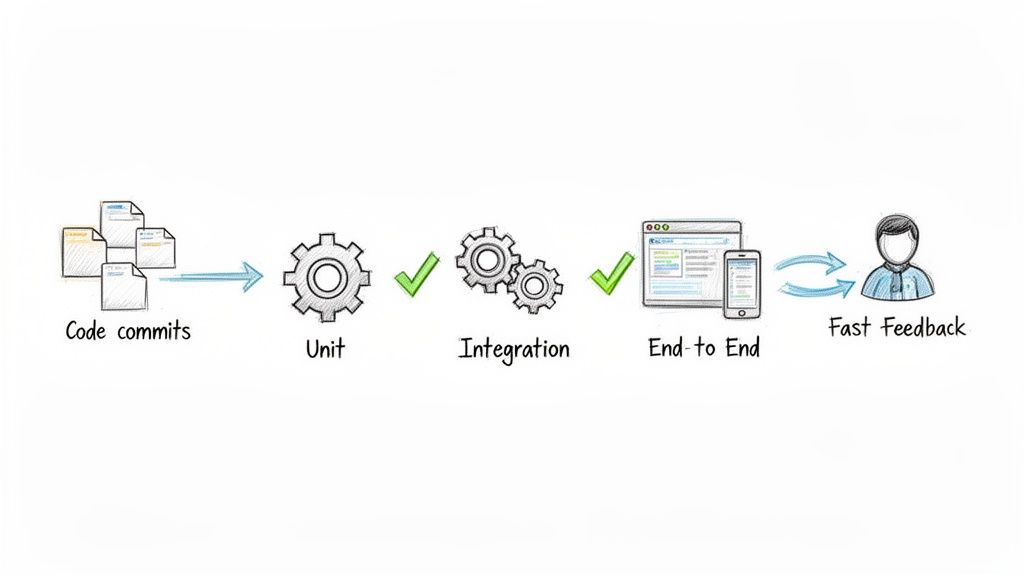 Diagram showing a continuous integration and testing pipeline: code commits, unit, integration, end-to-end, and fast feedback.