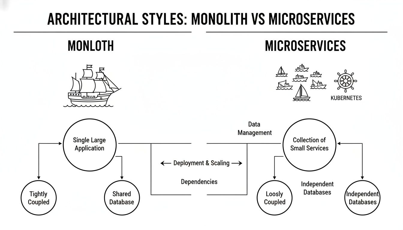 Diagram comparing Monolith and Microservices architectural styles, detailing application structure, coupling, databases, and scaling.