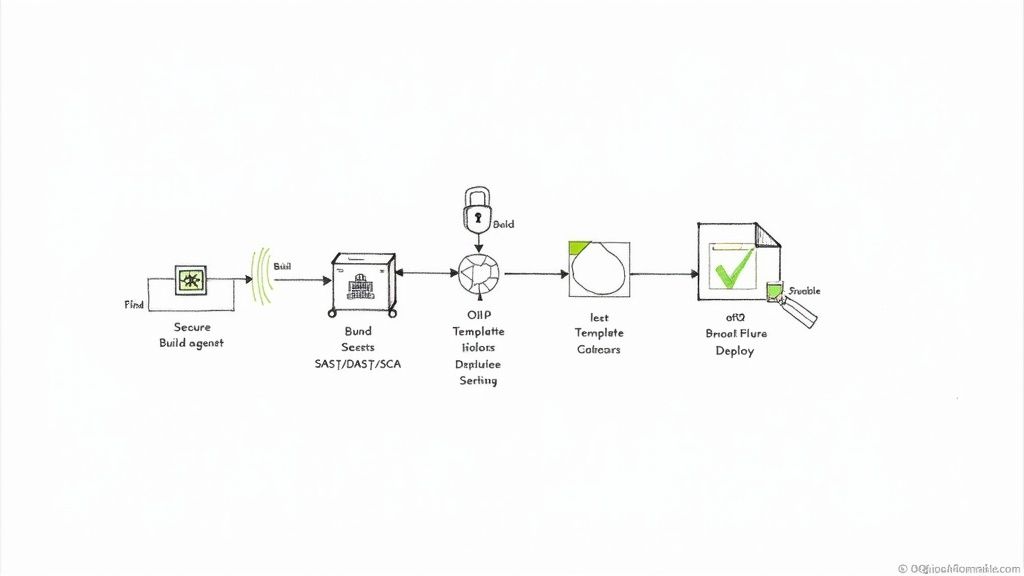 A diagram illustrating a secure software development pipeline from build to deployment, including security testing.