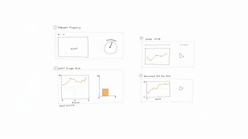 Hand-drawn sketches of four DevOps and quality assurance metrics charts, including deployment frequency and defect rate.