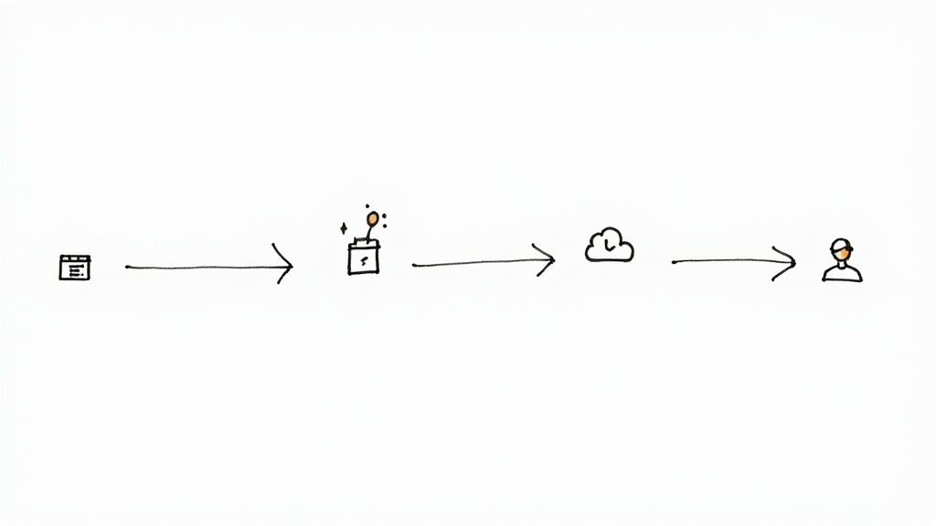 A simple hand-drawn diagram illustrating a software deployment process flow with a document, a growing plant, a cloud, and a user.