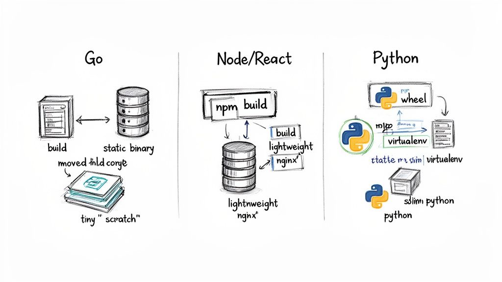 Comparison of software build processes for Go, Node/React, and Python, illustrating multi-stage builds.