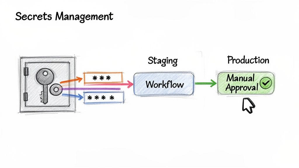 Diagram showing secrets management process from a secure safe to staging workflow and manual production approval.
