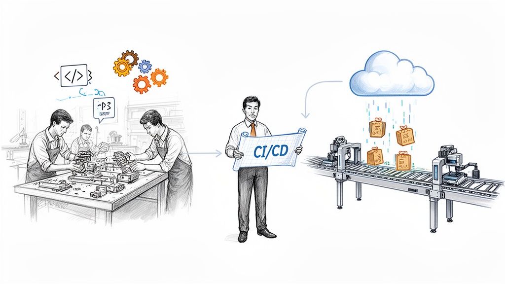 Illustration showing a software development team, a CI/CD blueprint, and cloud deployment on a conveyor belt.
