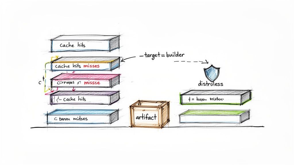 Diagram illustrating a multi-stage build process with cache hits, misses, artifacts, and distroless output.