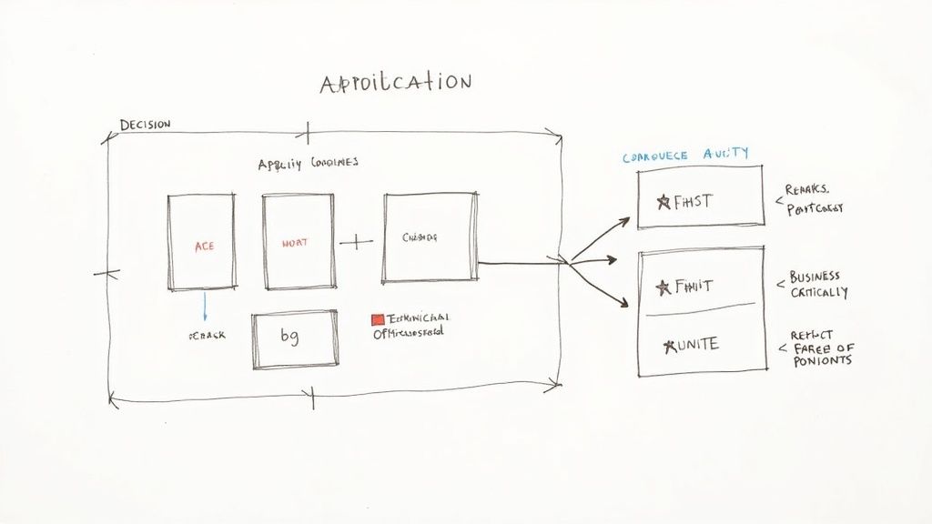 Hand-drawn diagram showing application modernization workflow from legacy systems to cloud-native architecture components
